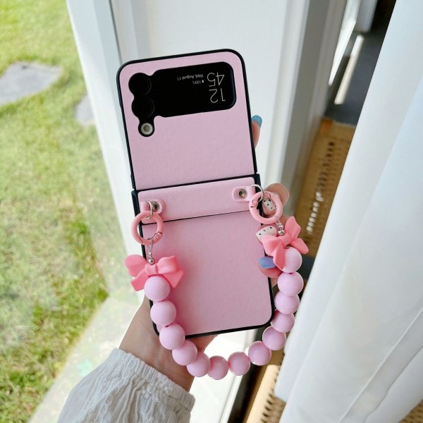 För Samsung Galaxy Z Flip 3 4 Case Stötsäkert PU- cover med rosettarmband Pink For Samsung ZFflip3-5G