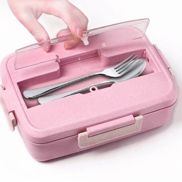 3 fack lunchlåda sked gaffel bestick Bento låda matförvaring mikrovågsugn Pink