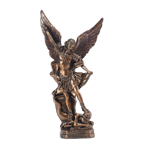 12-tums ärkeängel Michael Dräpande demonstaty Samlarbar ängelfigur som besegrar Lucifer Religiös Skulptur Heminredning guld