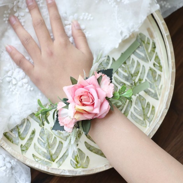 Handled Corsage Armband Brudtärna Systrar Hand Blomma Bröllop Bröllopsfest Decor Pink Wrist Flower