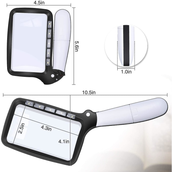 Rektangulär läsglas med 2 intensitetslägen och 2x förstoring med 5 LED-lampor vit