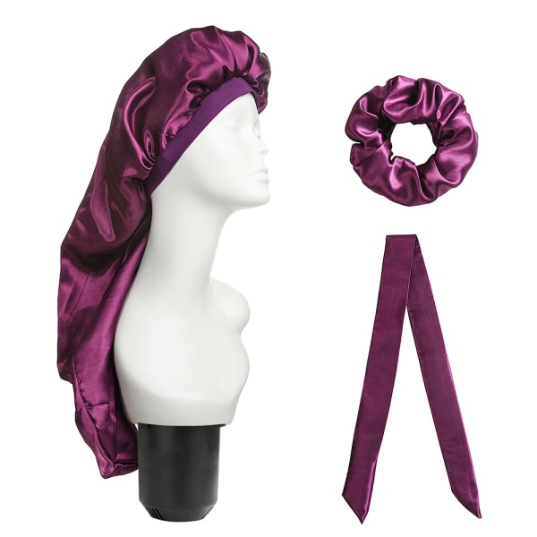 3 st elastiska breda kant satin mössa långt hår hatt sovmössor Purple