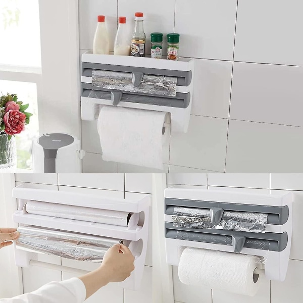 4 i 1 väggmonterad köksrullehållare Klar matfilm En QQQ hängande hushållspappershållare grå