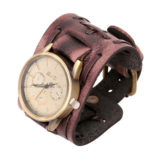 Män Retro Armband Watch Band Bred Läderrem Manschett Vintage Quartz Armbandsur Brown