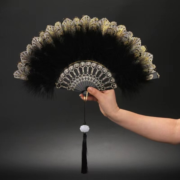 Ladies Feather Folding Fan Hand Fan Folding med hängsmycke Gift Bröllop Black