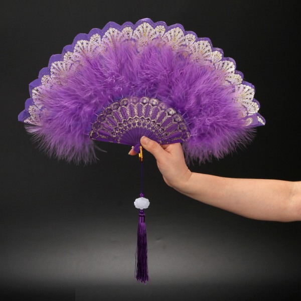 Ladies Feather Folding Fan Hand Fan Folding med hängsmycke Gift Bröllop Purple