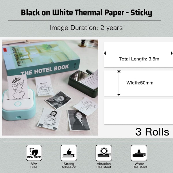 T02/M02X/M02L vitt thermal papper-2-årigt klibbigt 50mmx35m för Jo Multicolor 50mm*3.5m