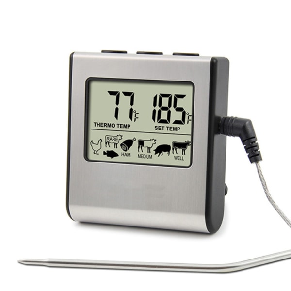 Kötttermometer Matlagningstermometer med långvarig mattemperatursond i rostfritt stål för vätskeugnsrökare grå