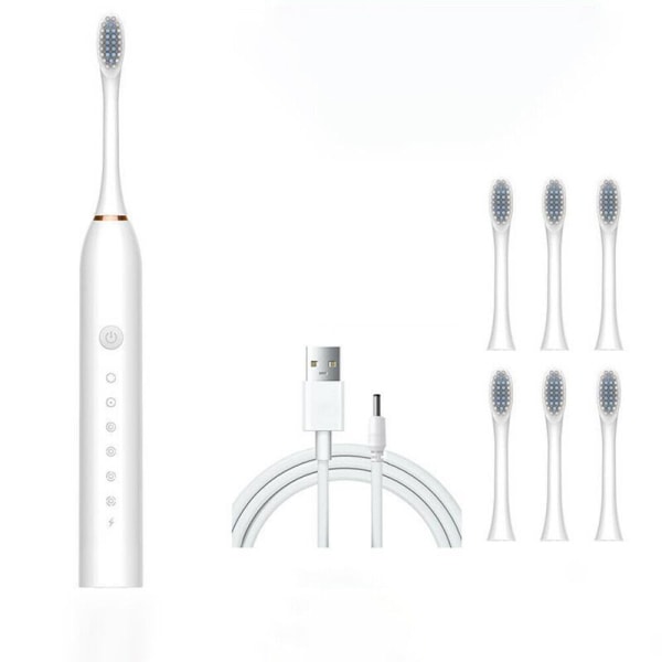 Elektrisk tandborste Sonic Uppladdningsbar 5 lägen Barn Vuxna Borste 6 huvuden USB White