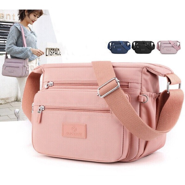 Kvinnor Multi Pocket Nylon Cross Body Dam axelväska Messenger Handväska Bag Pink