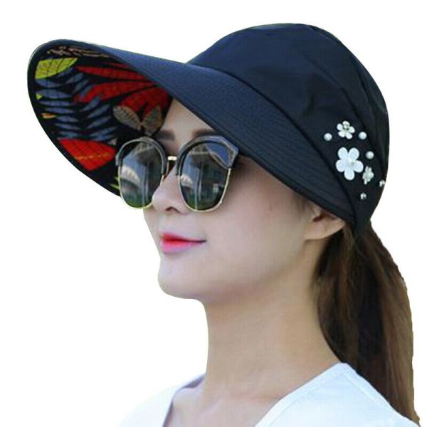 Womens Summer Bred Brätte hopfällbar solhatt Anti-UV Dam Beach Visir Caps Hat Black