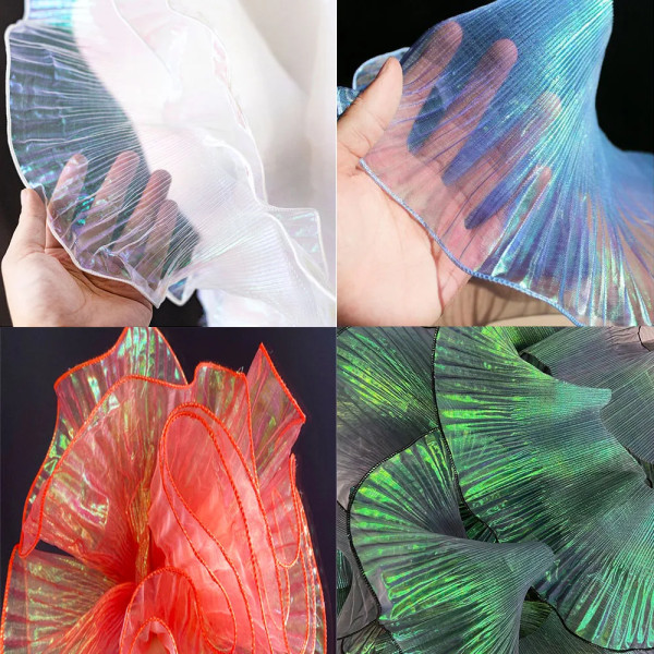 Spetsdekorerad Organza Tyg Mermaid Ruffled Transparent Iridescent Red 2 Yards