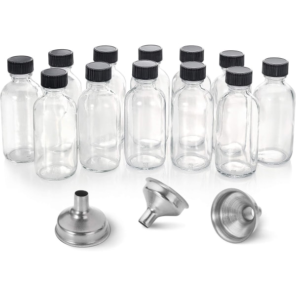 12-pack 2 oz små klara glasflaskor med lock och 3 rostfria S 36