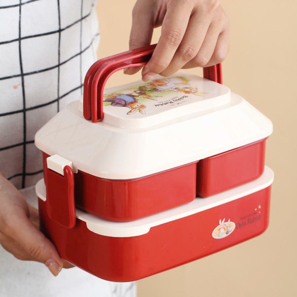 2-lagers 3 fack Lunchbox för barn Vuxen matbehållare förvaring Bento Box Red