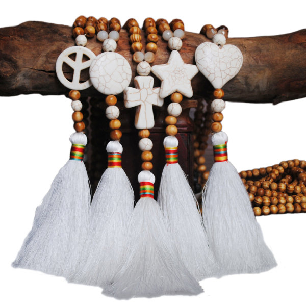 Kvinnors Boho trä pärlstav tofs hängande halsband lång tröja kedja smycken Pentagram