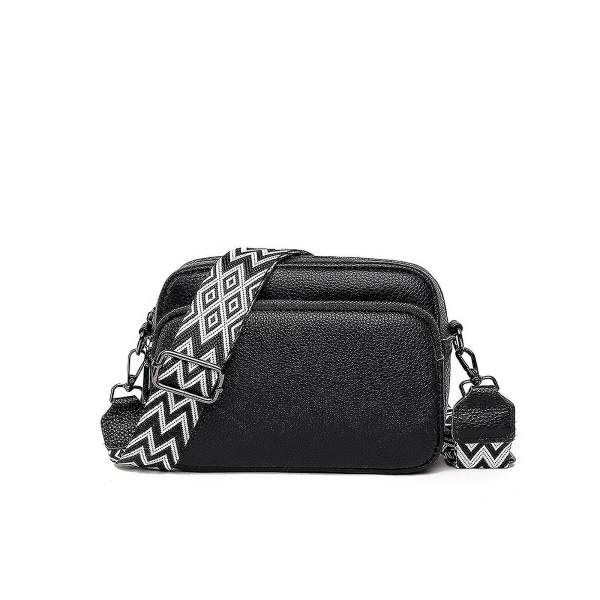 Crossbody-väska för kvinnor i läder, liten axelväska med bred rem, dragkedja och avtagbar axelrem - Black