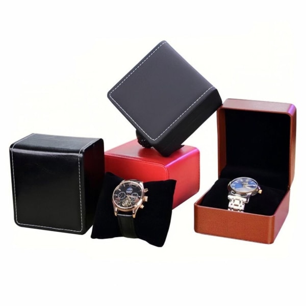 2 ST Single Storage Pu Leather Watch Box Case för 1 Armbandsur Velour Kudde Matte black