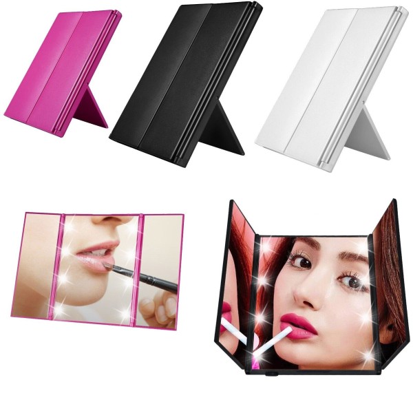 Tri Fold 8 LED Travel Mirror Kosmetisk Makeup Vikbar kompakt ficka med stativ Rose