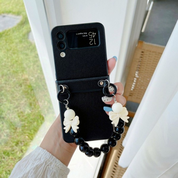 För Samsung Galaxy Z Flip 3 4 Case Stötsäkert PU- cover med rosettarmband Black For Samsung ZFflip4-5G