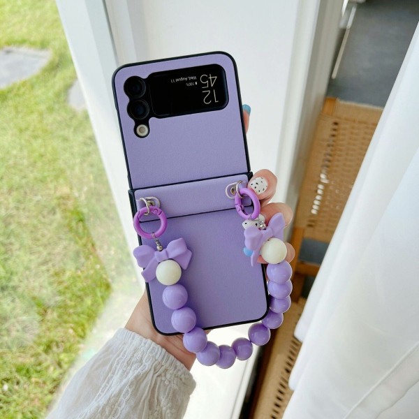 Fodral till Samsung Galaxy Z Flip 3 4, stöttåligt PU-telefonskal med rosett handledsrem Purple For Samsung ZFflip3-5G