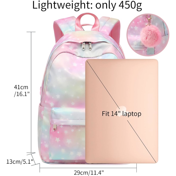 Skolryggsäck för flickor och pojkar 8+ år Enfärgad ryggsäck för 14 Pink Fits 14-inch laptop