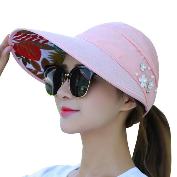 Womens Summer Bred Brätte hopfällbar solhatt Anti-UV Dam Beach Visir Caps Hat Pink