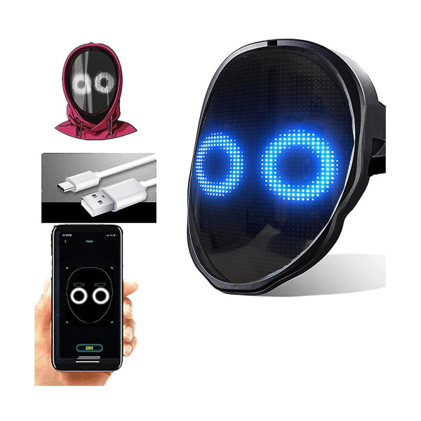 Bluetooth LED-ljusmask för fester, Halloween, jul, DIY-animation, text, kärlek, skämt, konsert, robotansikte svart