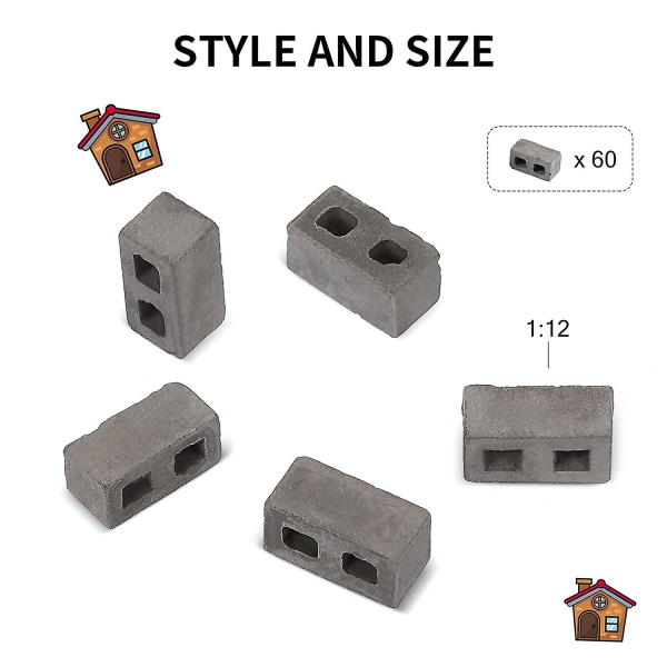 60-pack Cinderblock 1/12 skala Mini tegelsten Betong Miniatyr
