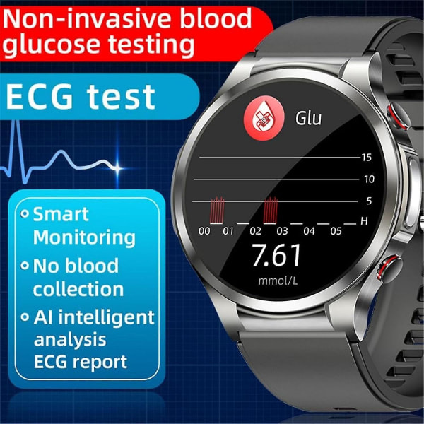 Icke - invasivt blodsockertest Smartklocka watch med blodtryck Bl blodsockermätare Watch diabetiker Watch Glukosmätare Black