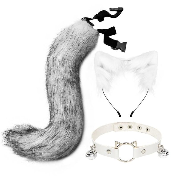 Cat Ears Pannband Svans Läderhalsband Set Cosplay Headpiece Tillbehör Fox