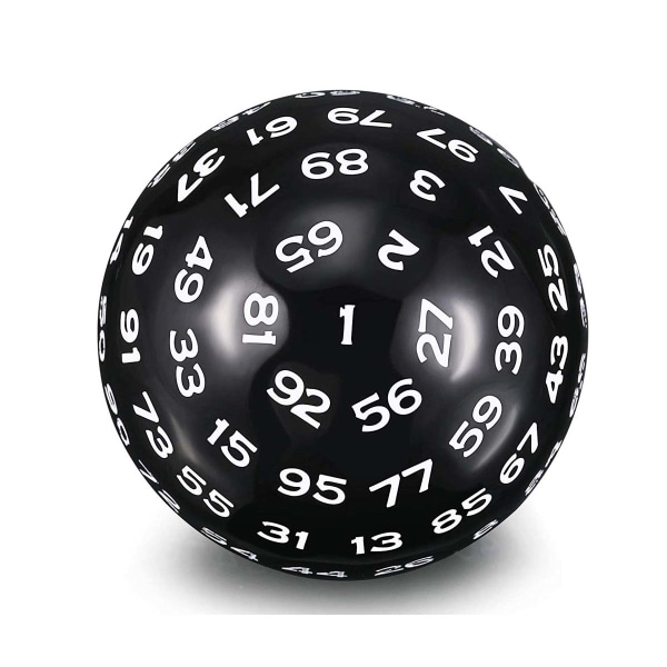 100-sidig polyedrisk tärning D100 speltärning svart färg med vita siffror 100-sidig kub med svart påse 45 mm svart