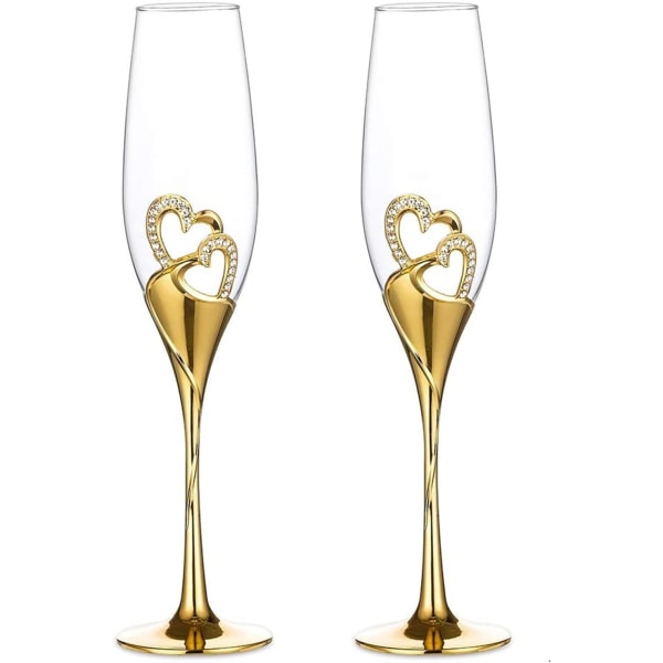 Kreativt champagneglasset bröllopskristallglas hjärtformad bröllopsgåva Gold