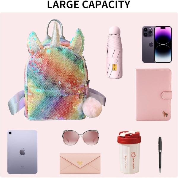 Mini Sequin Ryggsäck Unicorn for Girls Rainbow Shiny School Bac