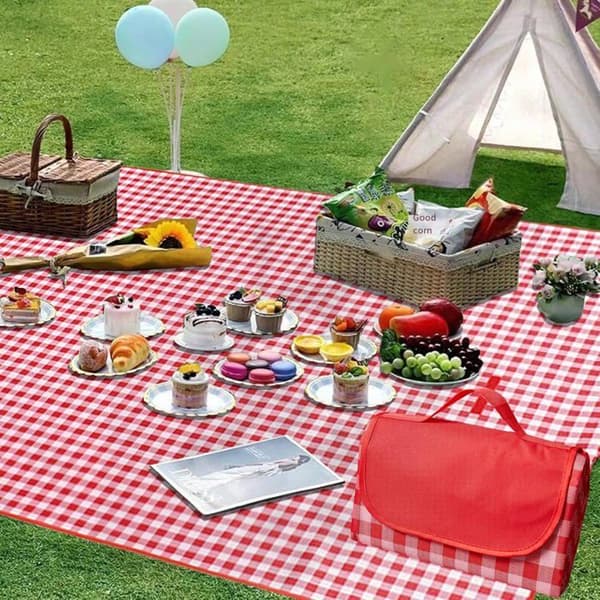 Picnic Tæppe, Strandtæppe 200x200cm, Strandmåtte, Foldbart Picnictæppe med Håndtag, Maskinvaskbart