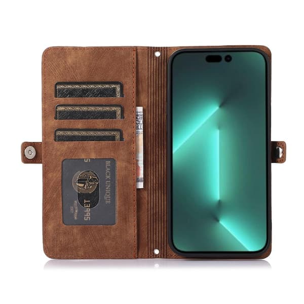 Læder telefoncover med flere kortpladser til iPhone 15 Pro Max Brun Brown