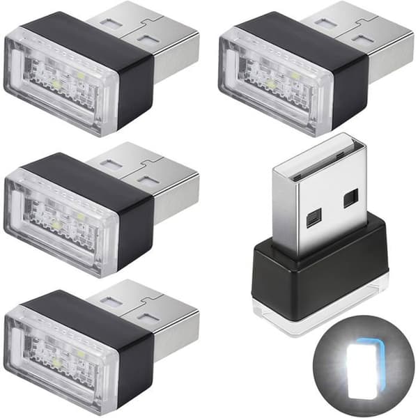 LED Bilomgivelseslys, 5 Indvendige Lys, Plug-in Omgivelseslys, Mini USB Bilinteriør - Hvid