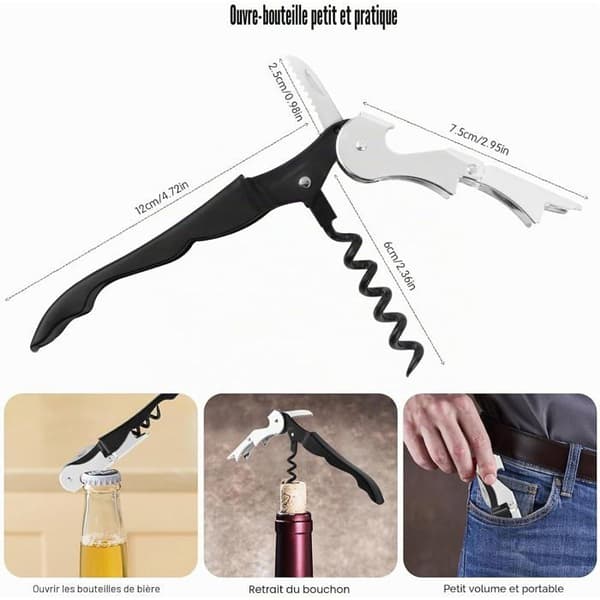 set med 4 professionella sommelierkorkskruvar, en 3-i-1 korkskruv, 12,1 cm lång.