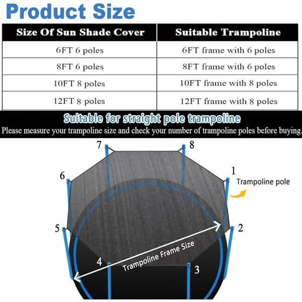 Trampolinetrekk, trampolinetelt, UV-beskyttelse, solbeskyttelse, vanntett, sammenleggbart, taktilbehør - 2,4 m - 6 stenger