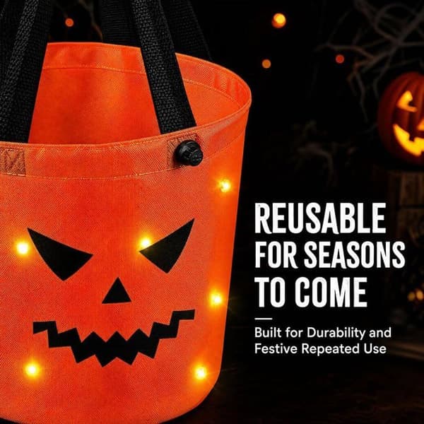 1 Halloween lysende godtepose, LED godtepose, gresskar godtebøtte