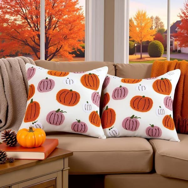 Halloween Kuddfodral 45 x 45 cm Tuftad Pumpa Broderade Rosa Orange Örngott för Soffa 2 Delar