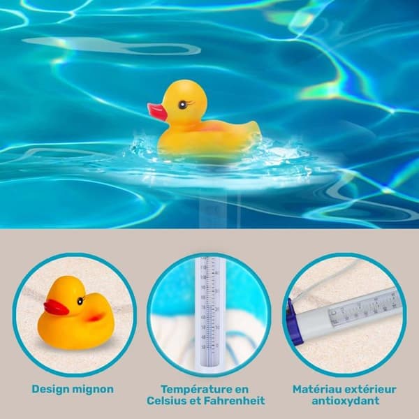 Pooltermometer, 1 flytande termometer med ankdesign och snöre – Stöttålig och vattentät – För inomhuspooler