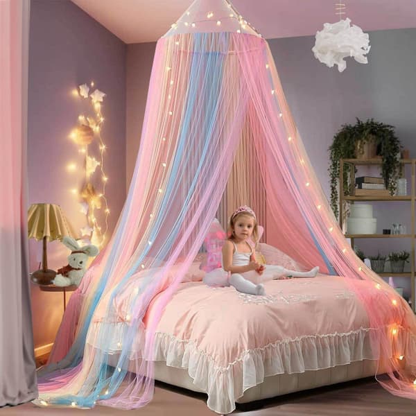 Regnbue-sengehimmel for jenter, sengehimmel med lys, sengehimmel til jenterom, myggnetting til seng, dobbeltseng, enkeltseng, queen size