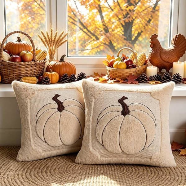 2 st 40 x 40 cm, stora kuddfodral med pumpamönster för sovrum, Thanksgiving, Halloween (beige)