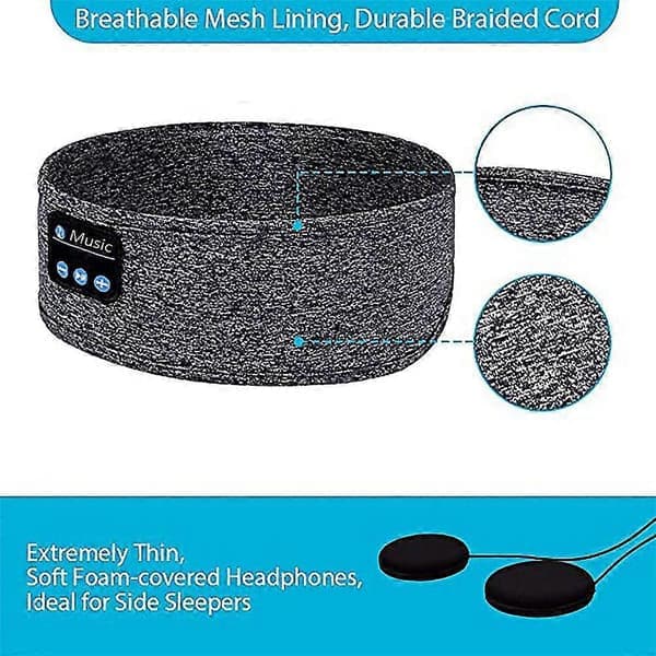 Trådløst Bluetooth elastisk hodebånd komfortabel sovemaske hodetelefoner headset for musikk trening sport grå Grey