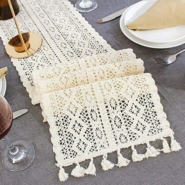 Beige makramé rektangulær bordløber, 9,5\" x 71\", hæklet blonde, elegant hul netdug til dekoration