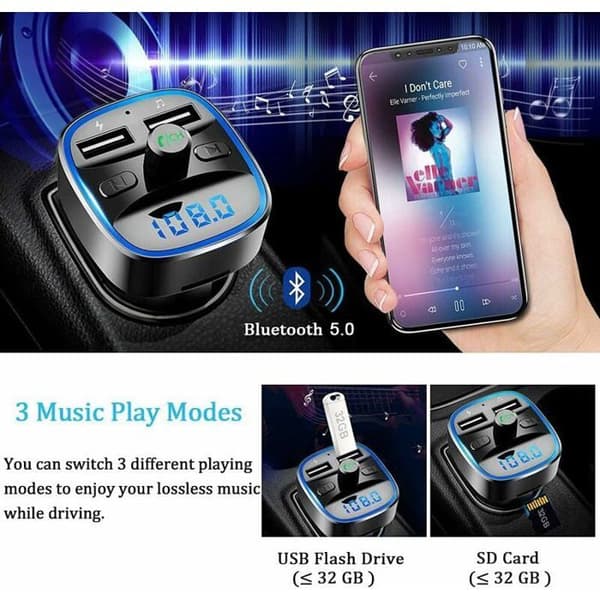 Bluetooth FM-lähetin, Bluetooth 5.0 autosoitinsovitin MP3-soitin langaton handsfree-sarja, kahdella USB-portilla 5V/2.4A &