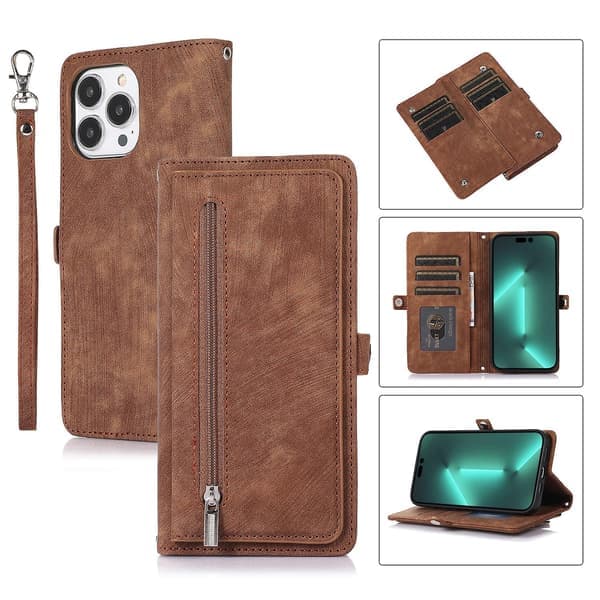Læder telefoncover med flere kortpladser til iPhone 15 Pro Max Brun Brown