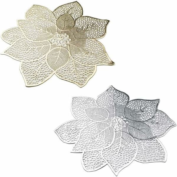 Sett med 6 vaskbare, isolerende spisebrikker, blomsterstil, PVC, gull, 44 x 46 cm