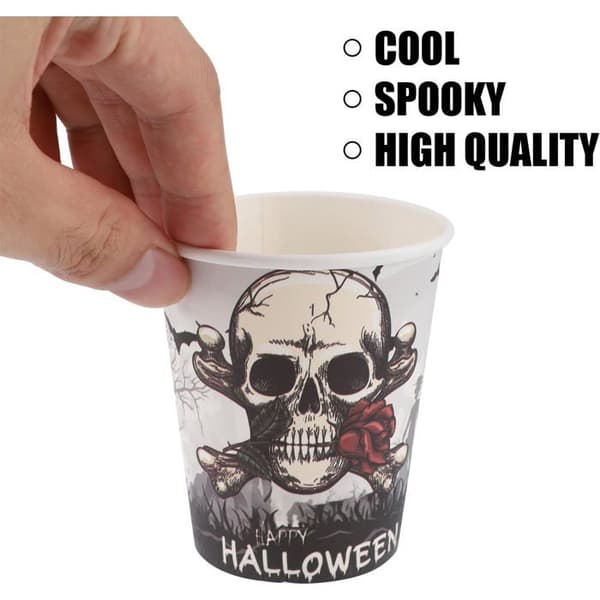 30 stk. engangskopper til Halloween, 255 ml engangskopper med skjelett- og hodeskalledesign