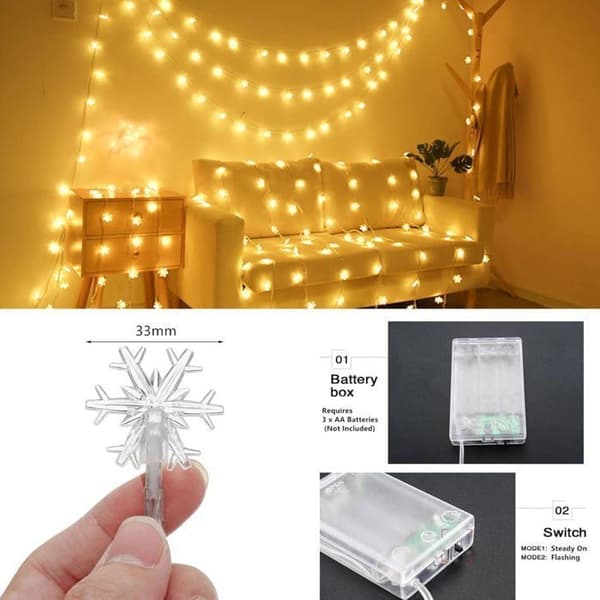 Ljussslinga, 6 m, 40 LED, snöflingor, batteridriven, vattentät, varmvit, för sovrum